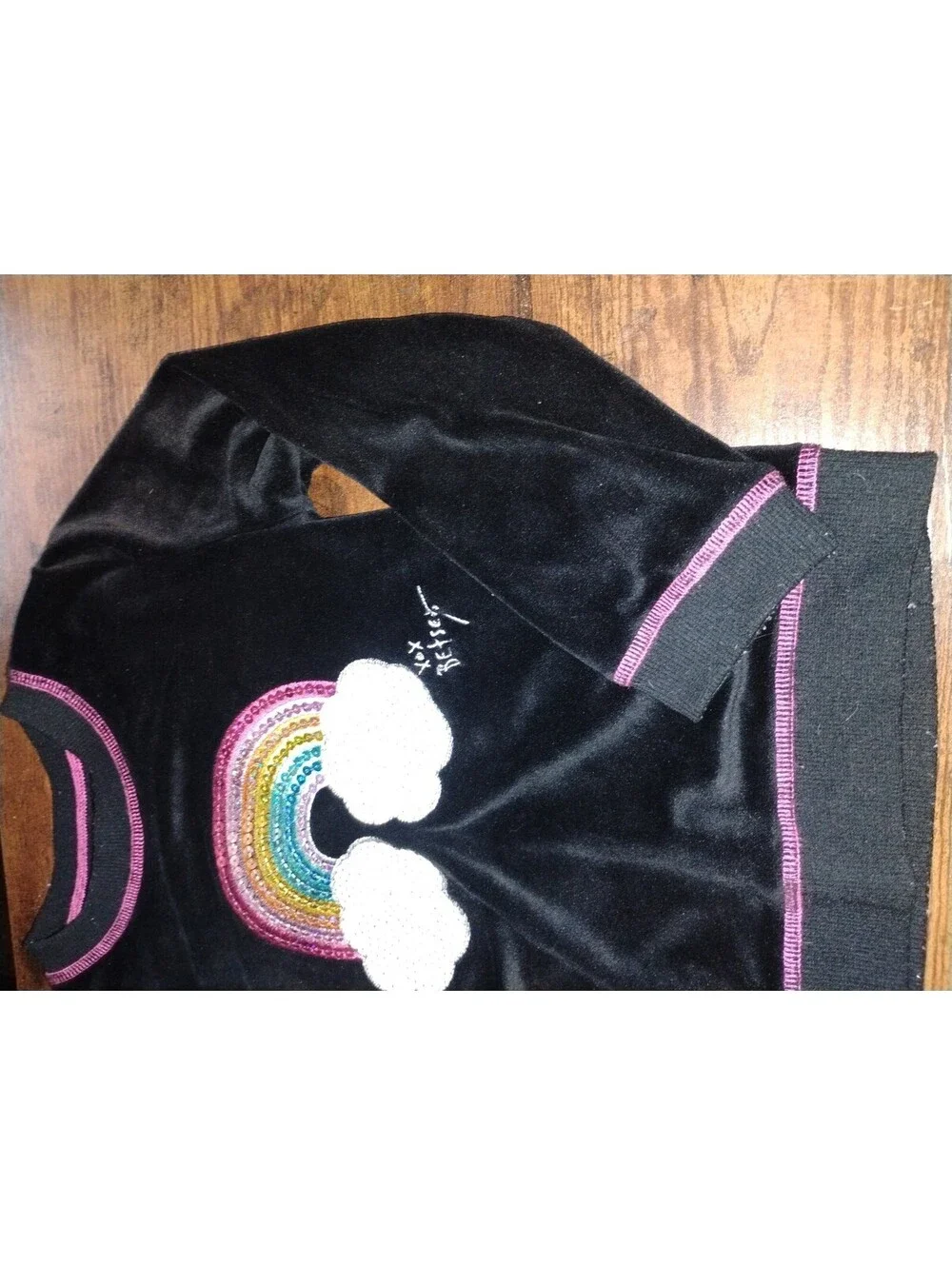 Betsey Johnson Black Velvet Sweater with Rainbow and Cloud Sequin Design, Size S